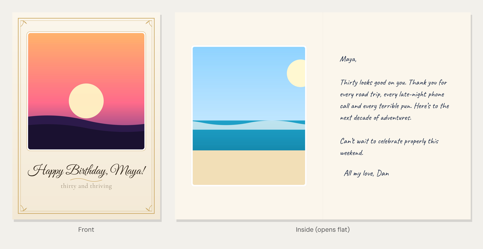 Preview of a sample card: the front with a photo and gold border, and the inside with a hand-written message
